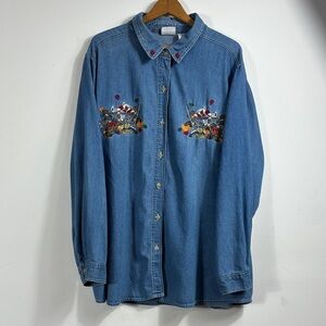 Vintage‎ Embroidered Denim Button-Up Shirt Fall Harvest womens size 26/28W (F5)